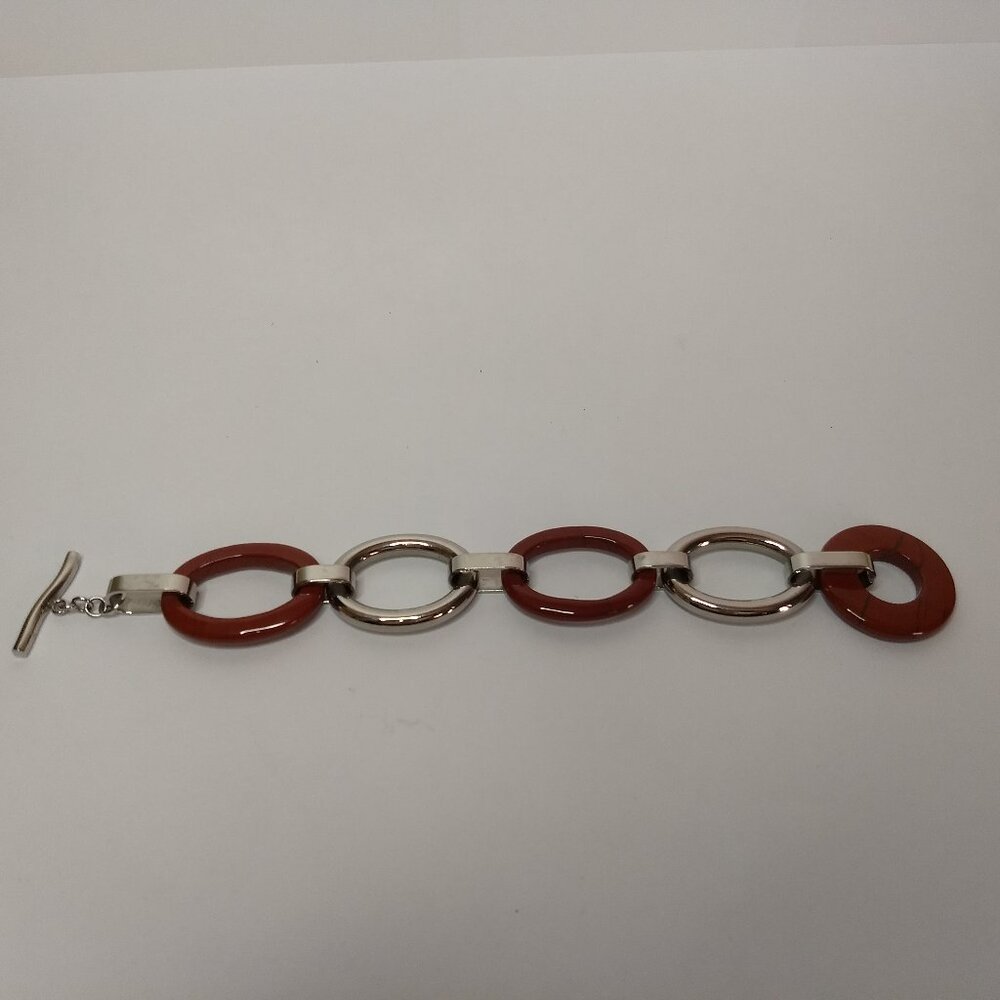 Stainless Steel Red Stone Bracelet Toggle Closure Sleek Modern Marked Z DD